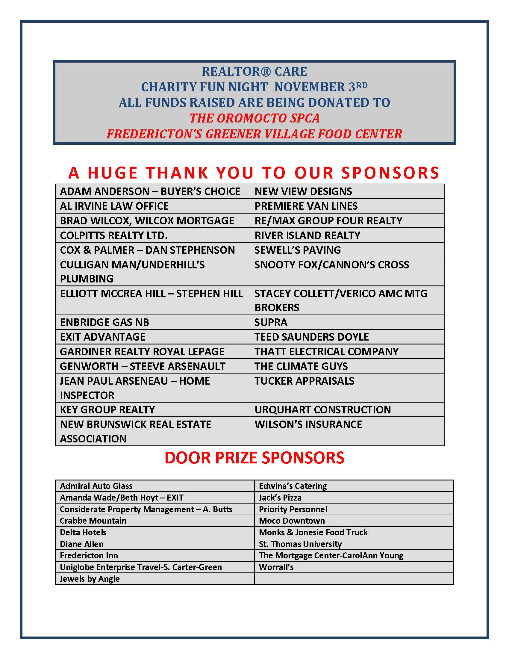 Realtor CARE® Charity Night - Our Generous Sponsors